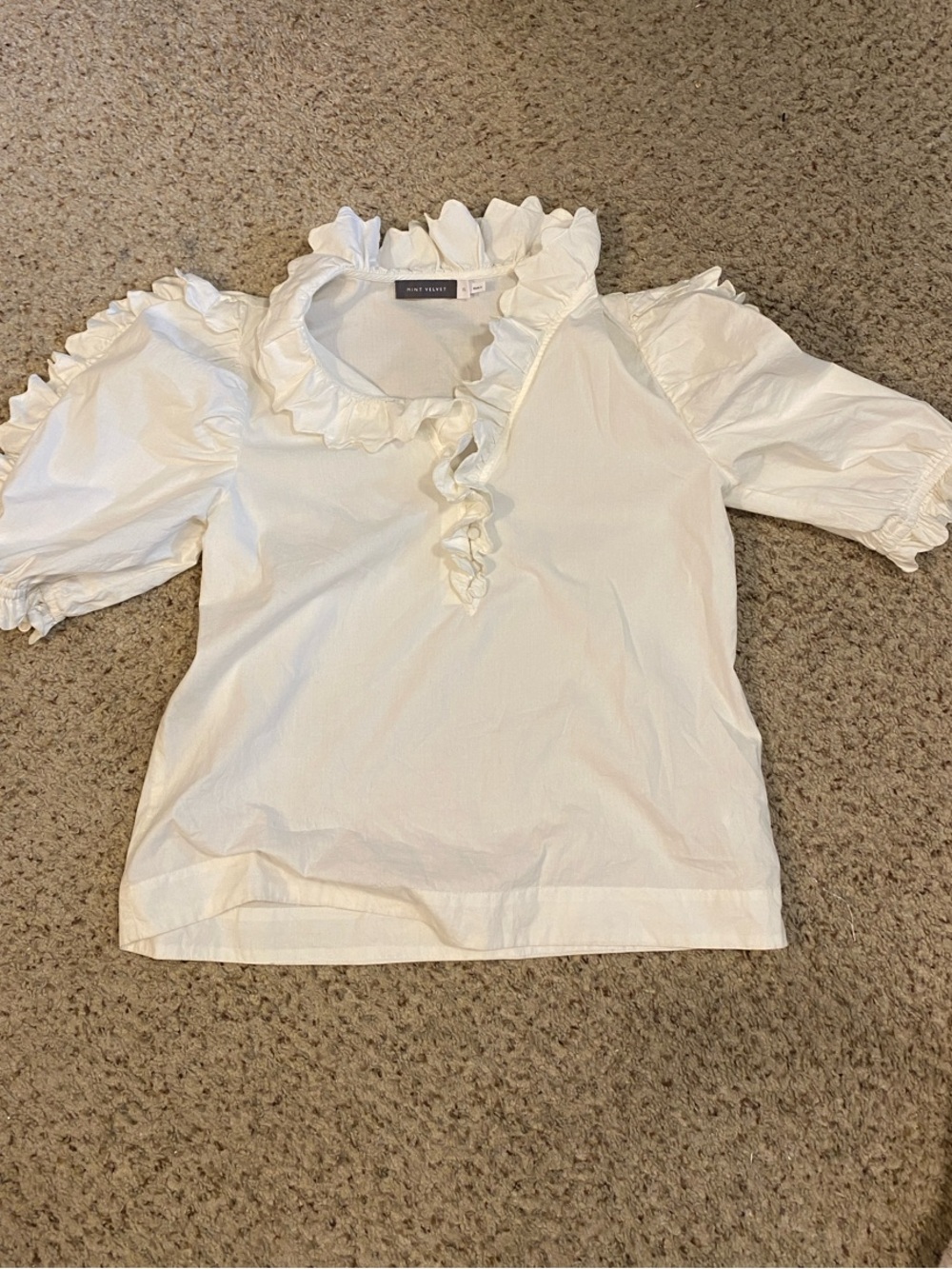 Ruffled V-Neck Puff Sleeve Blouse in White
